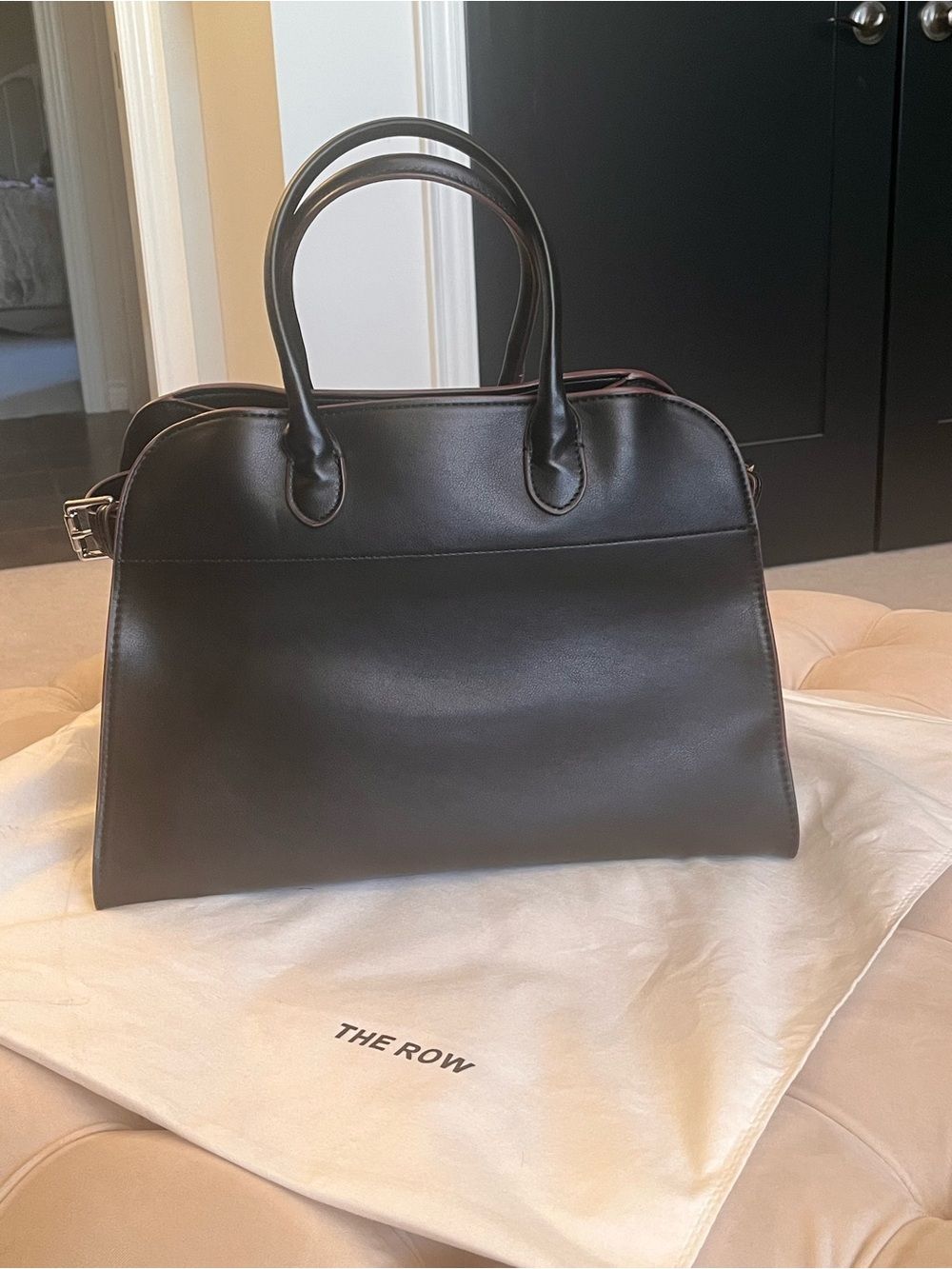 Black Leather Satchel with Structured Top Handles